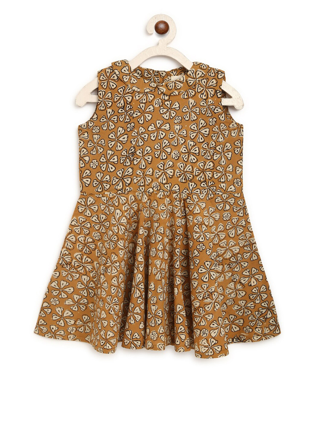 charkhee Girls Mustard Yellow & Beige Ethnic Motifs Peter Pan Collar Pure Cotton Dress