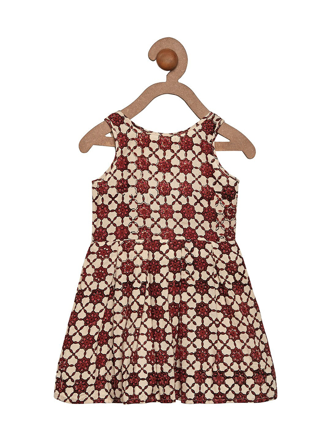 charkhee Girls Red & Cream-Coloured Floral Designed Back Cotton Dress