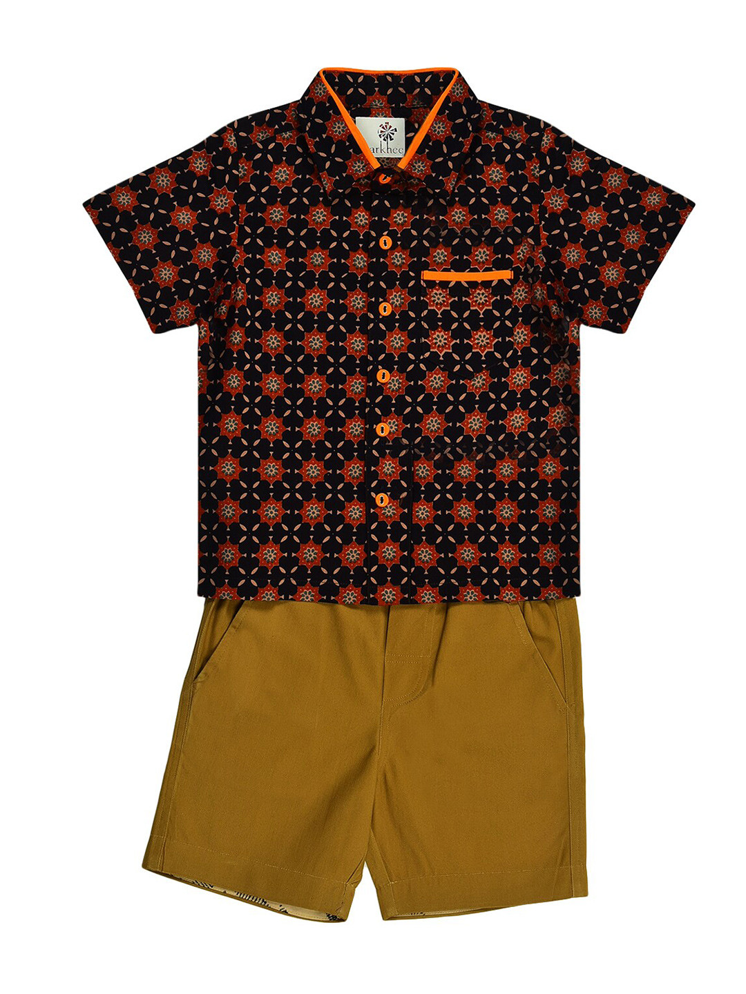 charkhee Boys Navy Blue & Brown Printed Shirt with Shorts