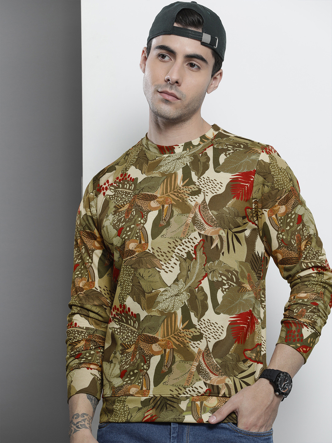 The Indian Garage Co Men Olive Green Printed Sweatshirt