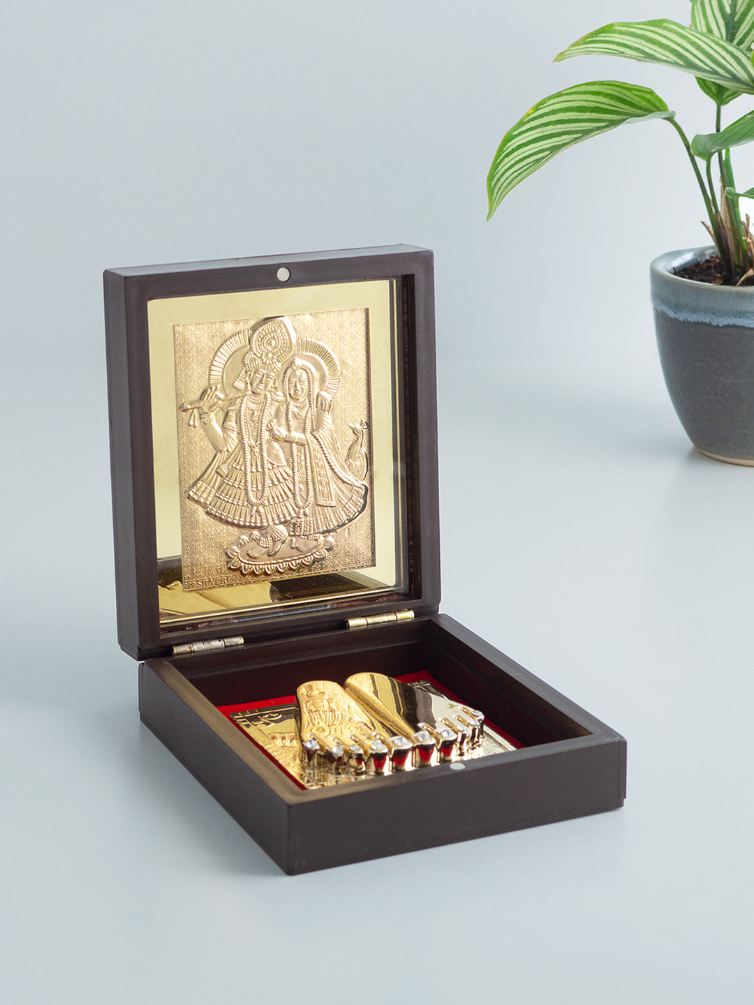 Golden Peacock Brown & Gold-Toned 24 Ct Gold Foil Radhakrishna Pooja Box