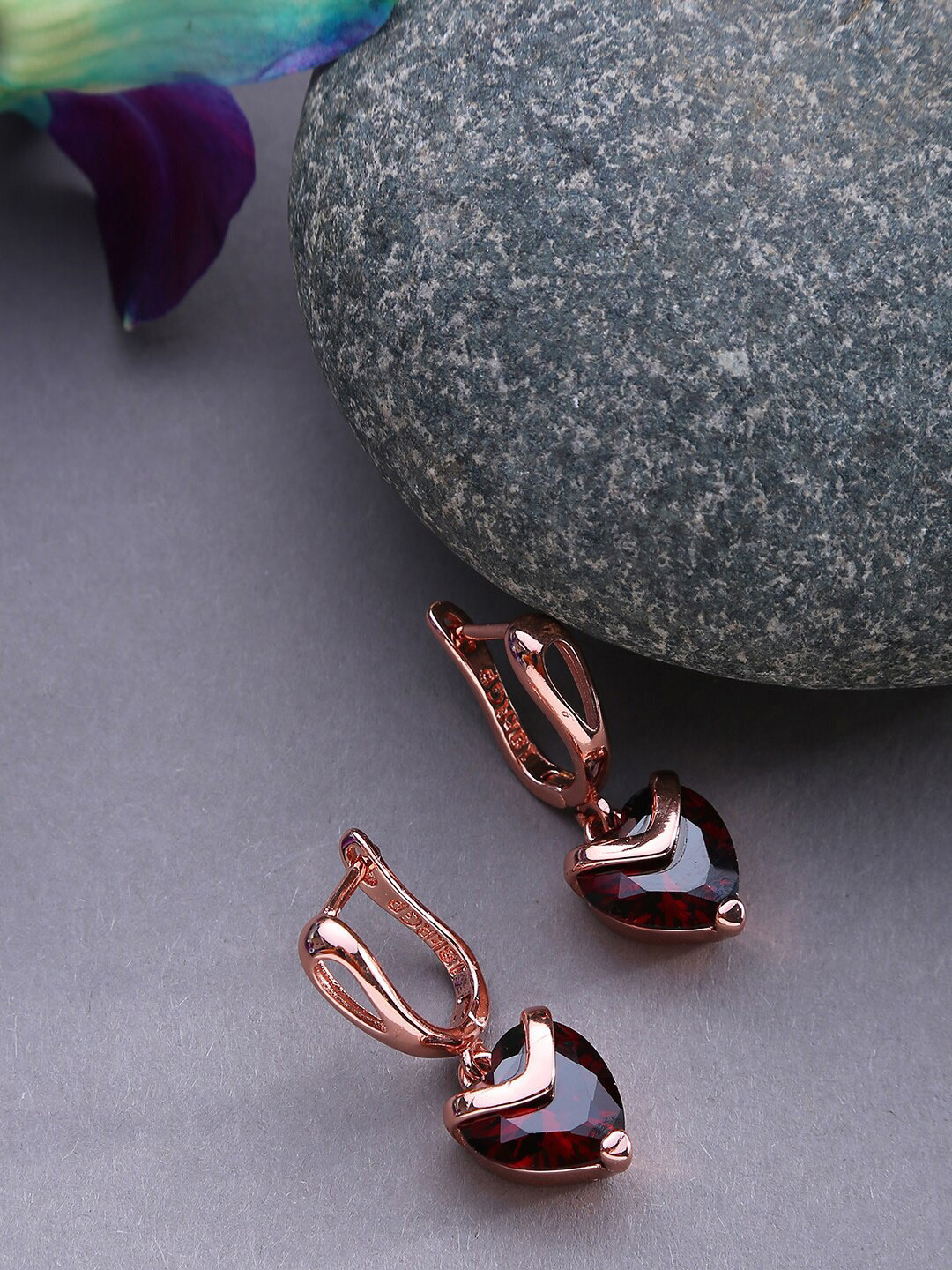 Jewels Galaxy Rose Gold-Plated & Burgundy Heart Shaped Drop Earrings