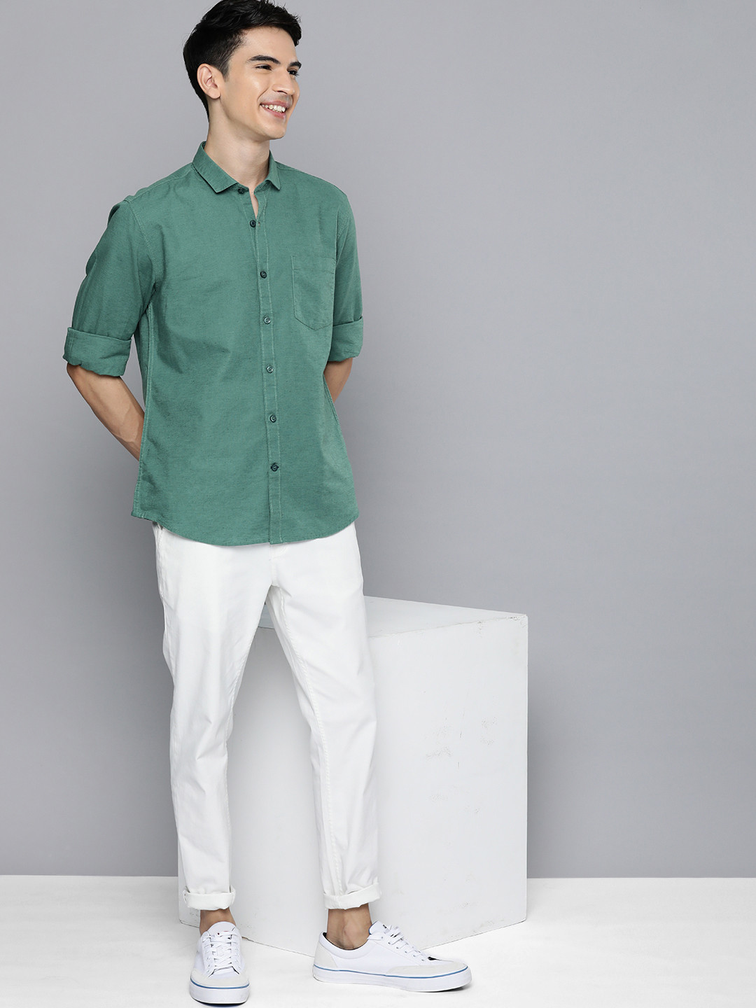 Mast & Harbour Men Green Cotton Linen Casual Shirt