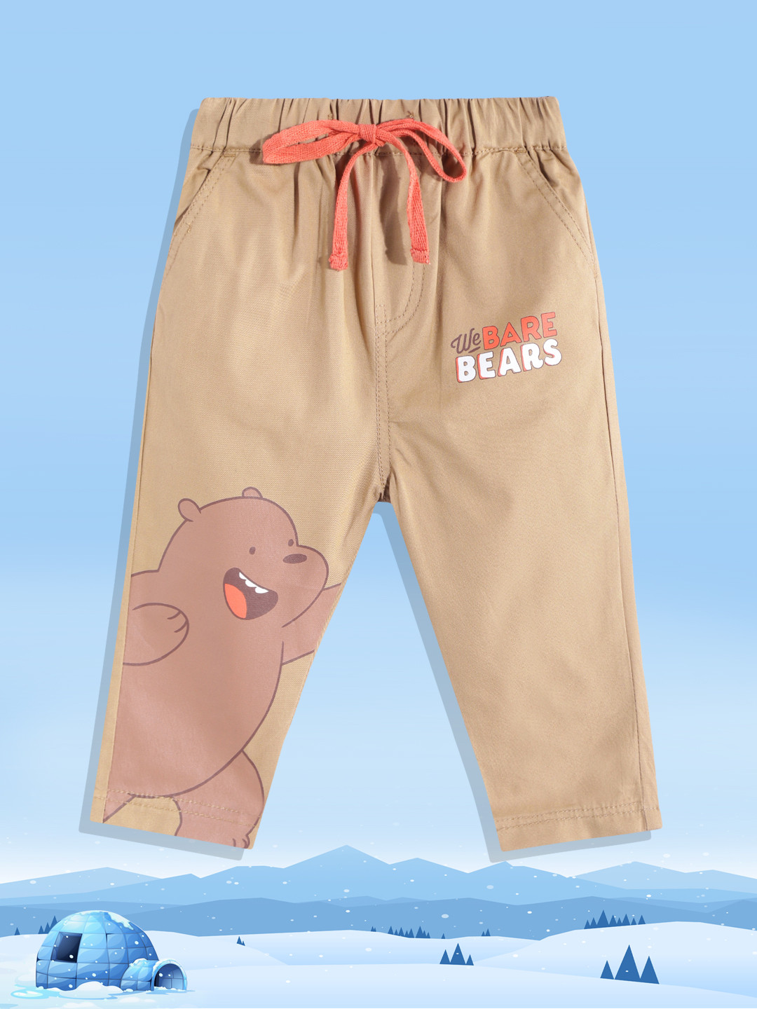 YK Warner Bros Boys Camel Brown & White Pure Cotton We Bare Bears Print Trousers