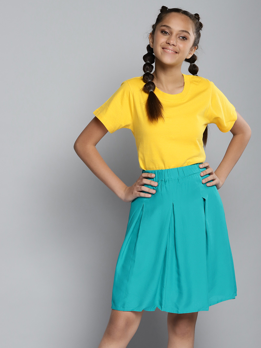 YK Girls Yellow & Teal Green T-shirt with Skirt