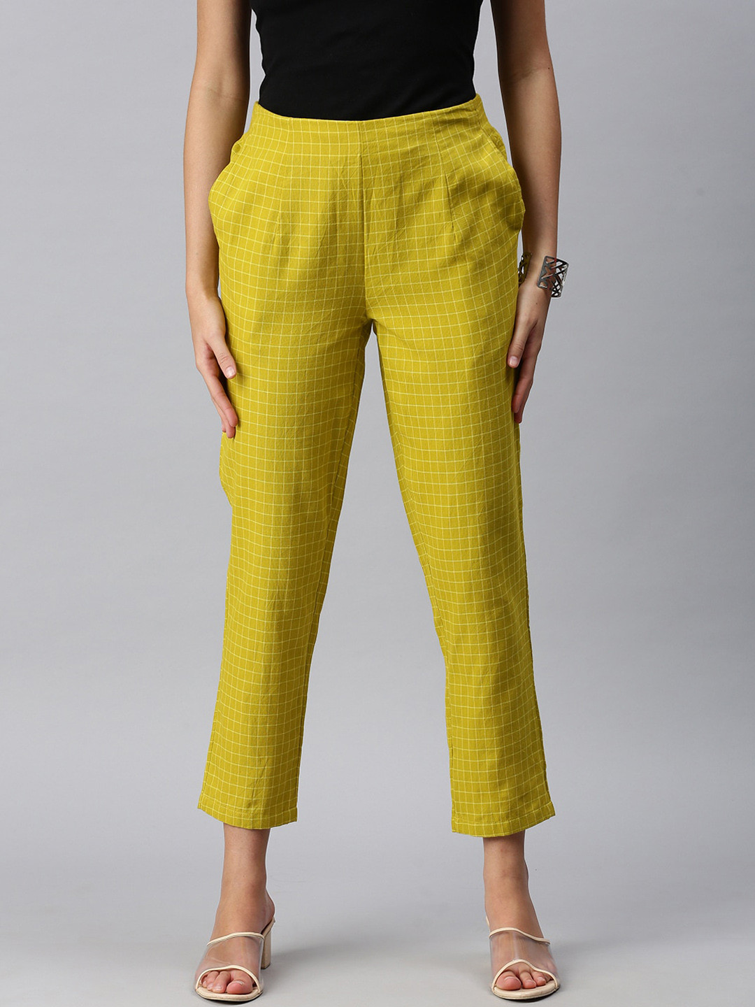 De Moza Women Mustard Yellow & White Checked Pure Cotton Cigarette Trousers