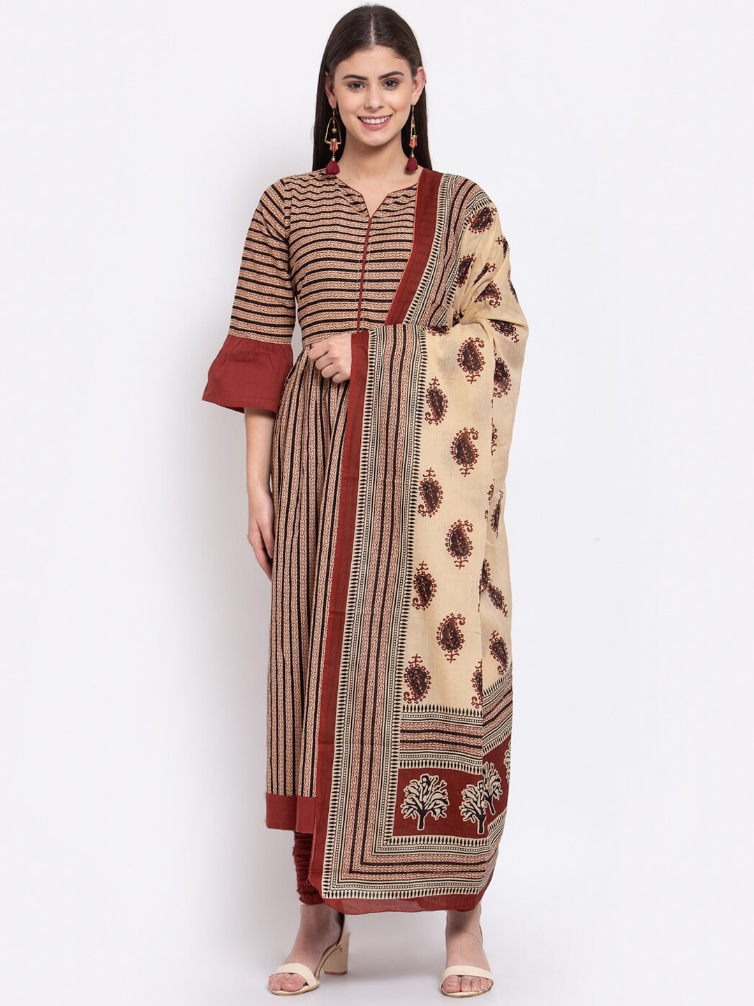SVARCHI Women Beige Striped Pure Cotton Block Print Kurta with Churidar & Dupatta