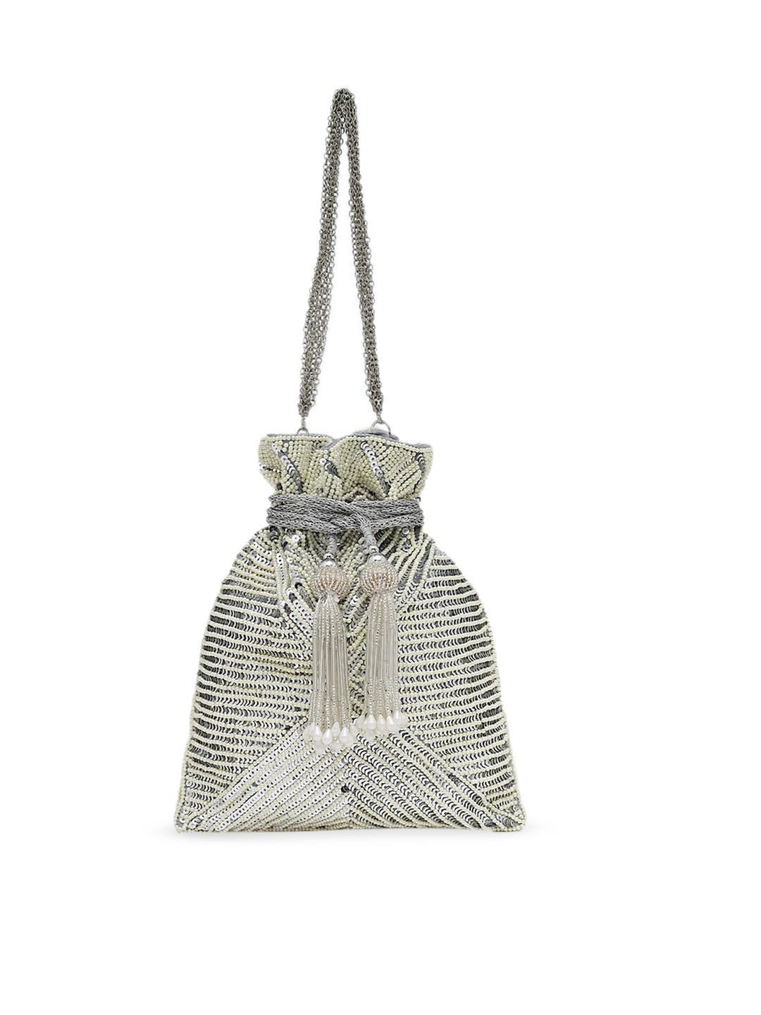 Tarini Nirula Silver-Toned Embellished Bucket Handheld Bag with Tasselled