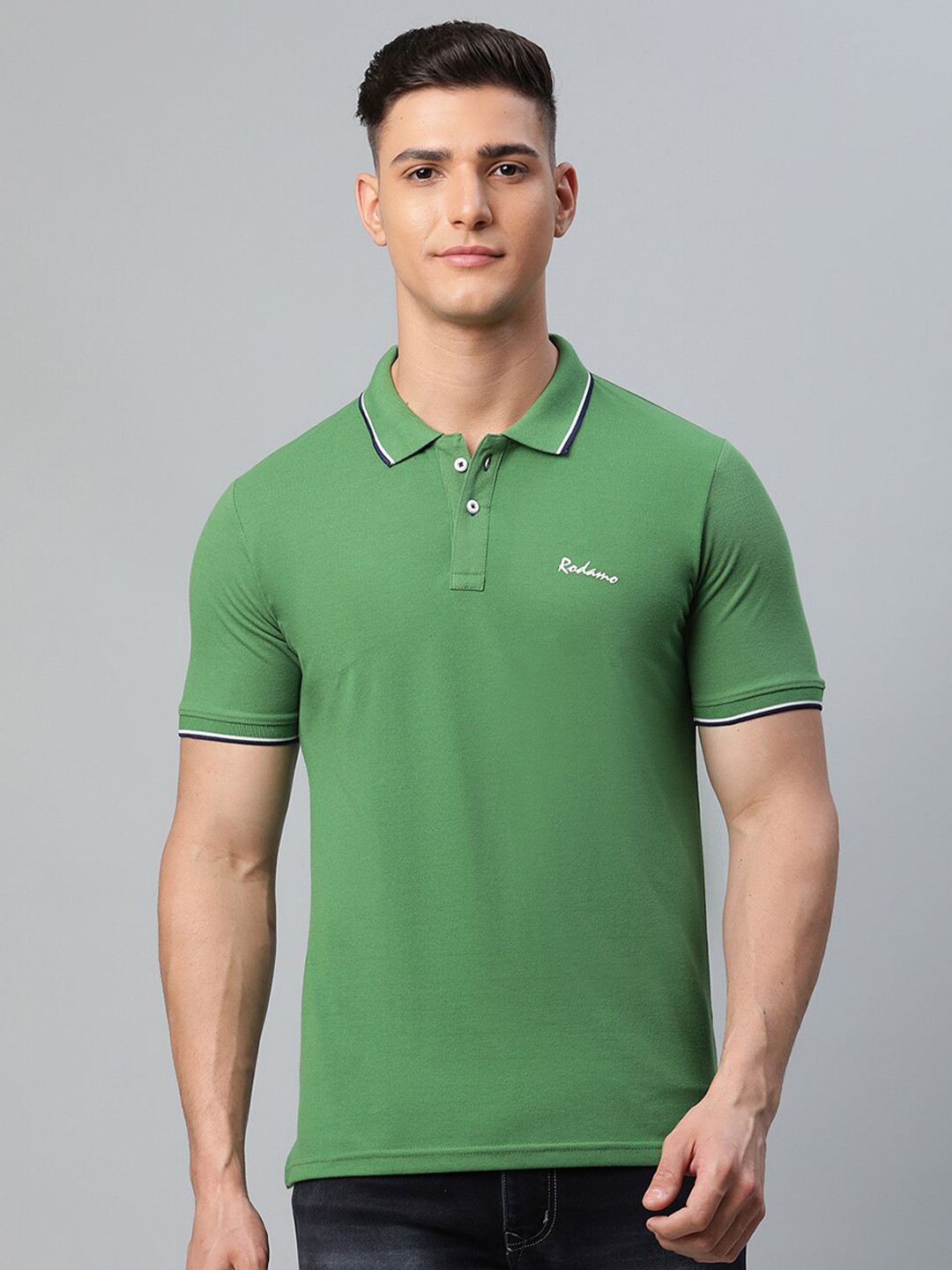 Rodamo Men Green Polo Collar Slim Fit T-shirt