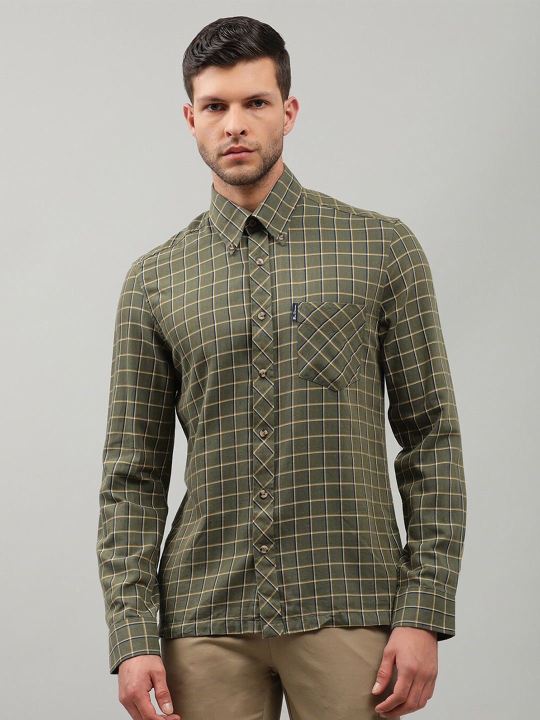 BEN SHERMAN Men Olive Green Modern Checked Button-Down Collar Pure Cotton Casual Shirt