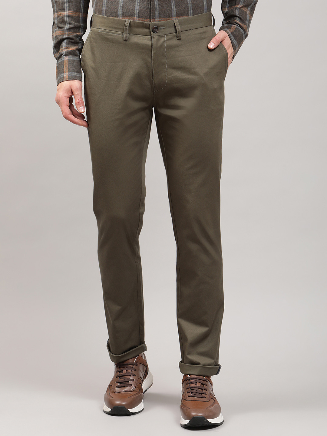 BEN SHERMAN Men Olive Green Slim Fit Trousers