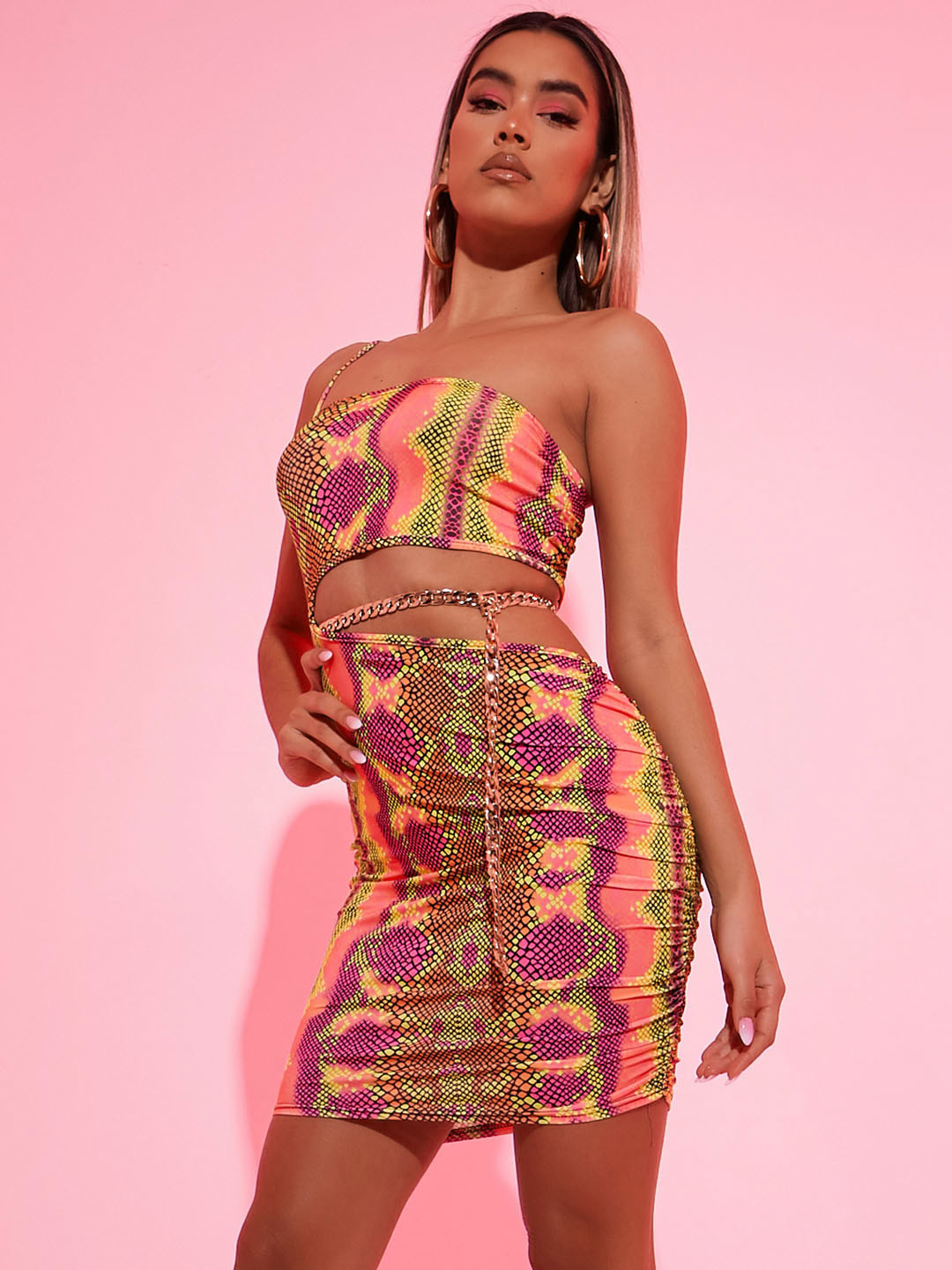 I Saw It First Women Peach-Coloured & Purple Animal Printed Cut-Out Detail Bodycon Dress