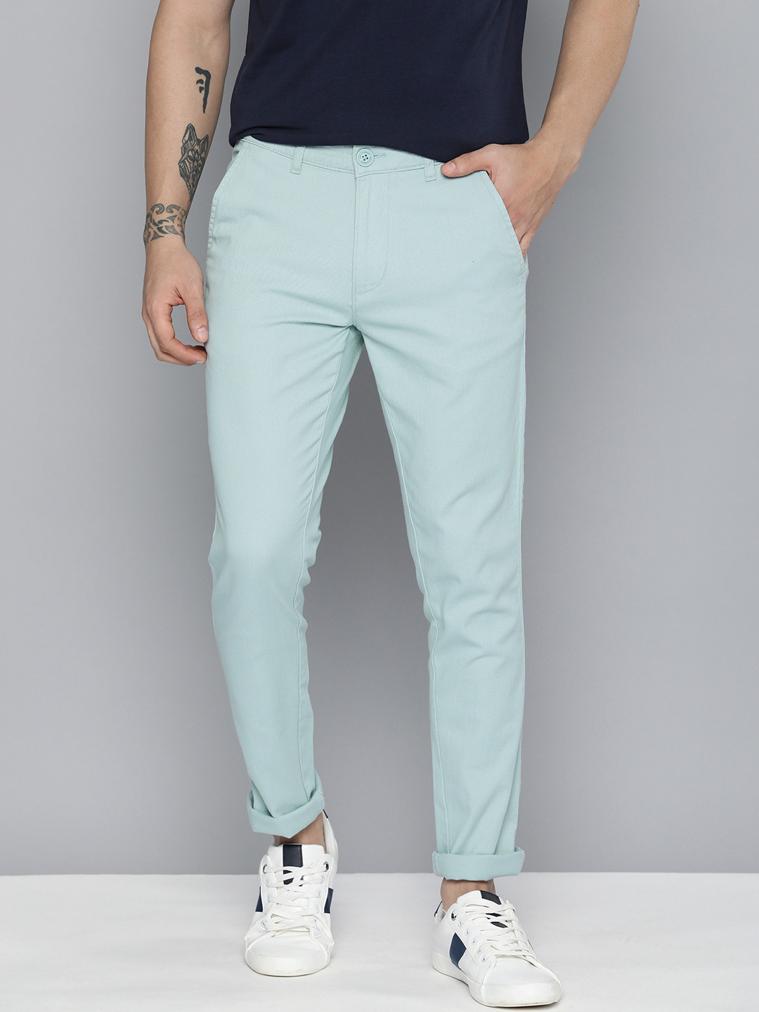 Mast & Harbour Men Blue Self Designed Textured Chinos Trousers