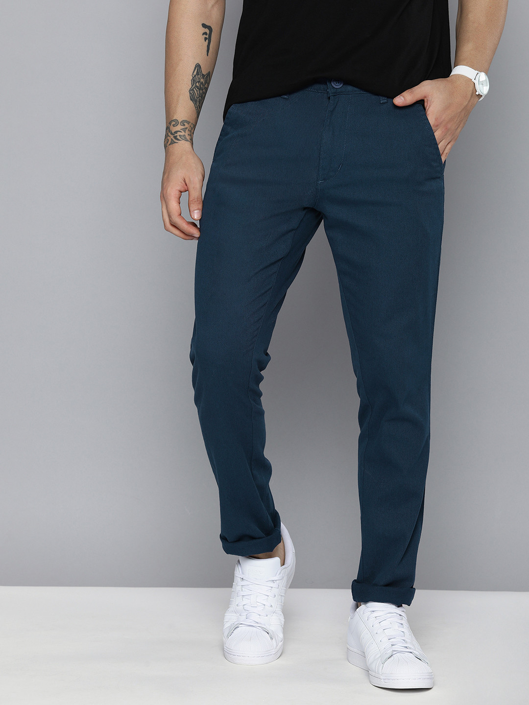 Mast & Harbour Men Dark Blue Solid Mid-Rise Regular Trousers