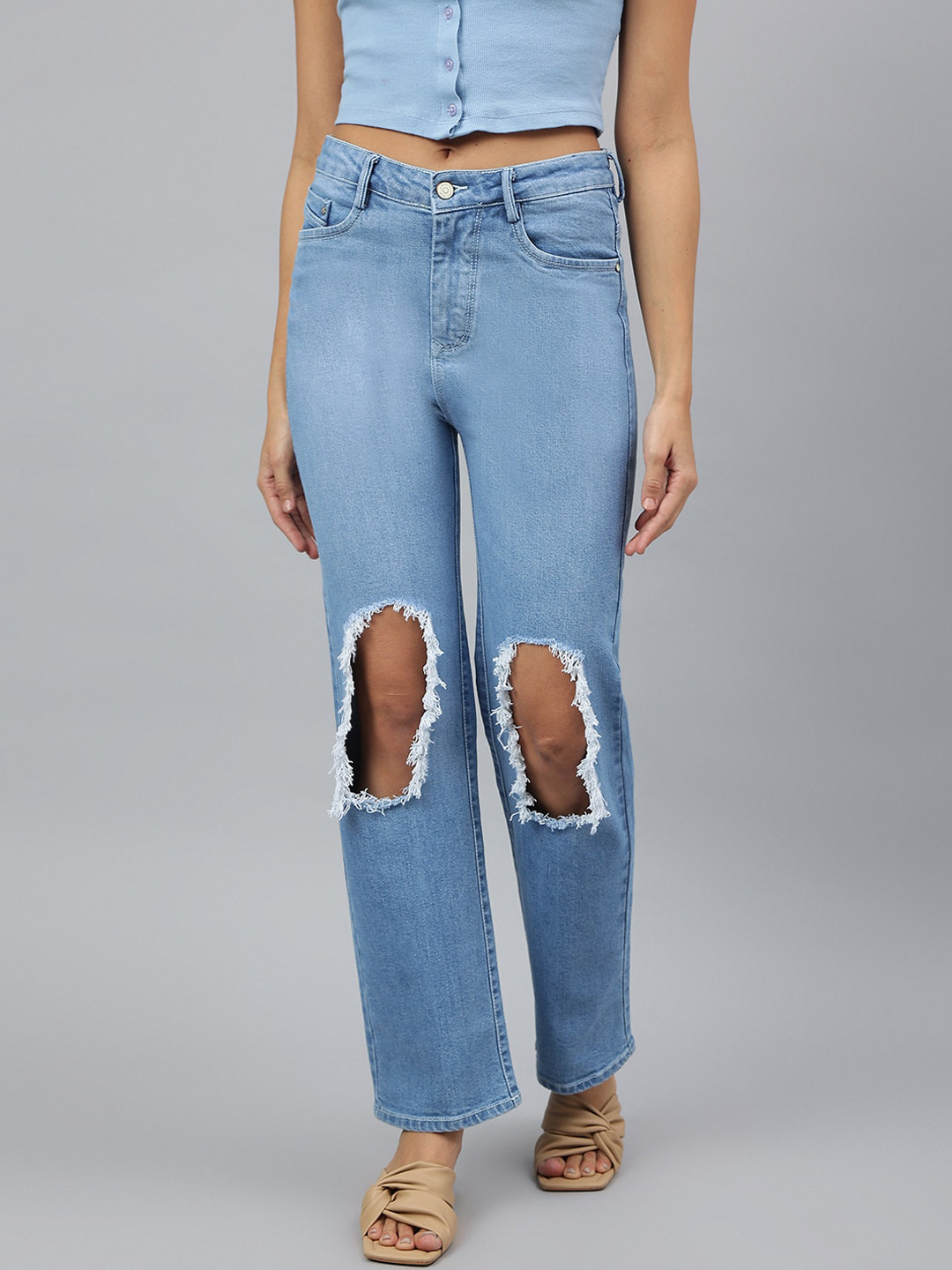 Code 61 Women Blue Straight Fit High-Rise Highly Distressed Bleached Stretchable Jeans