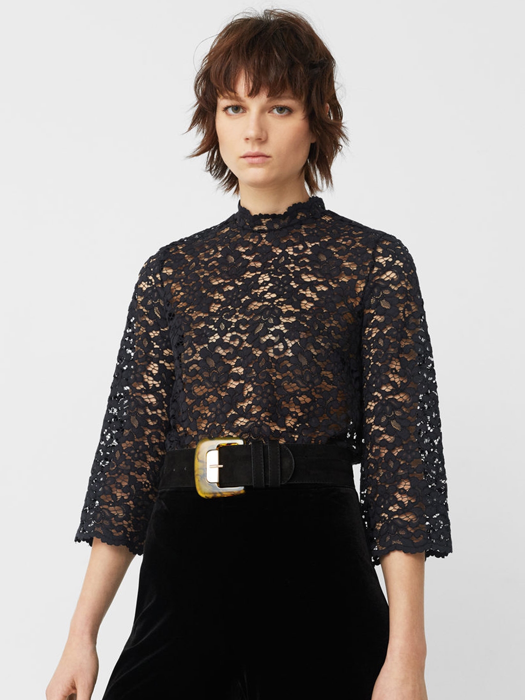 Mango short sleeve lace top in black