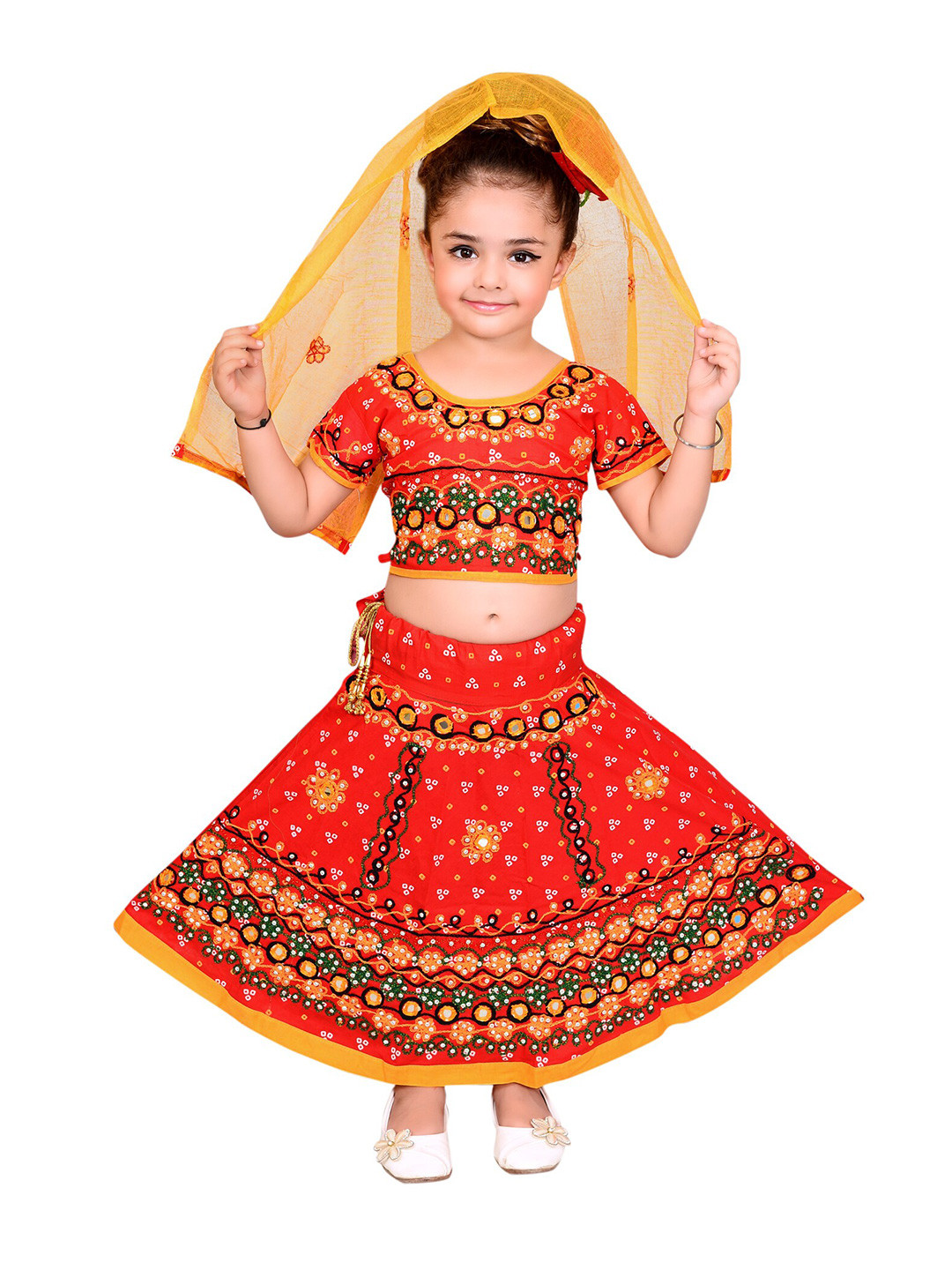 ahhaaaa Girls Red & Yellow Embroidered Ready to Wear Cotton Lehenga & Choli With Dupatta