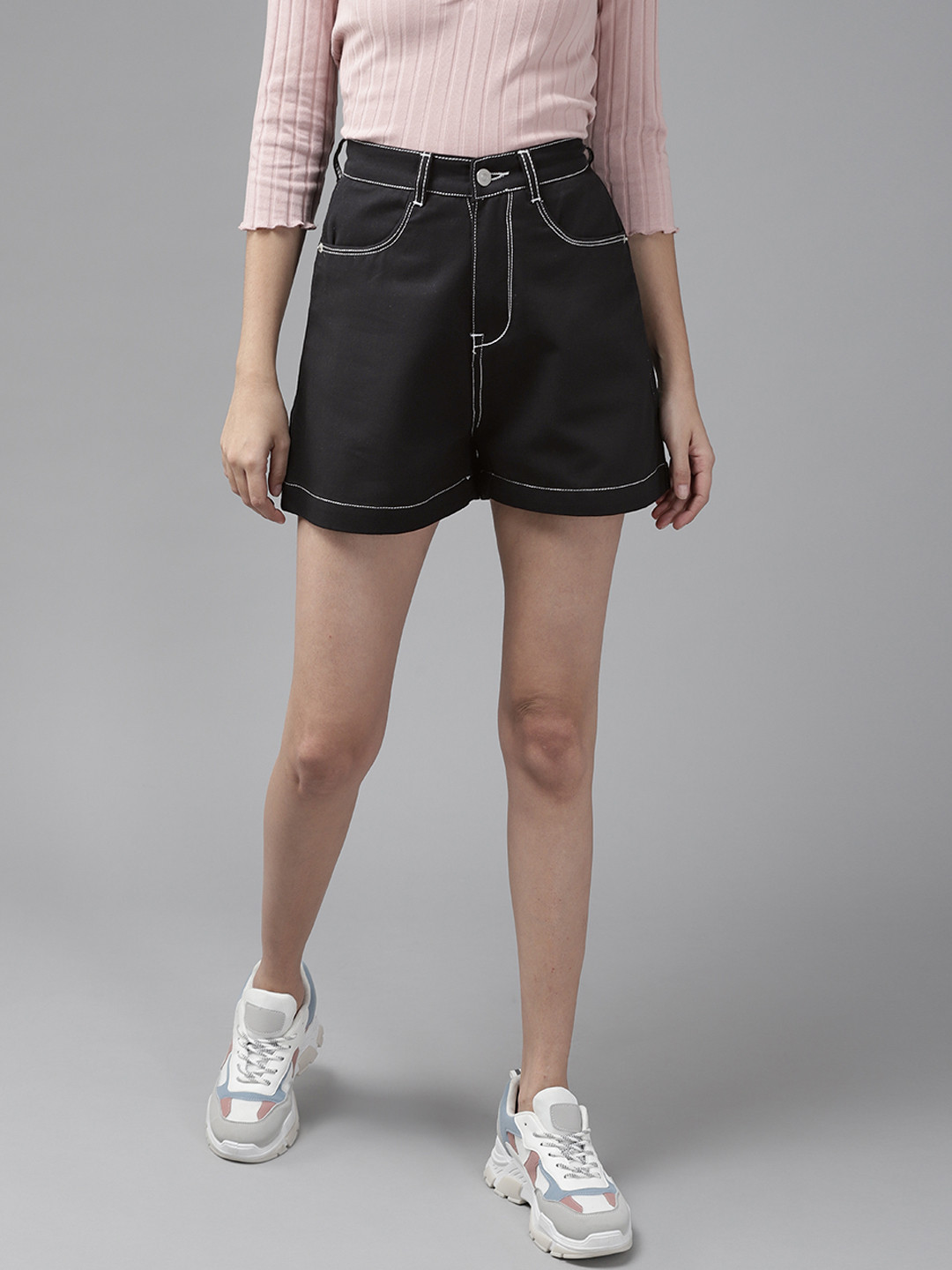 KASSUALLY Women Black High-Rise Outdoor Denim Shorts