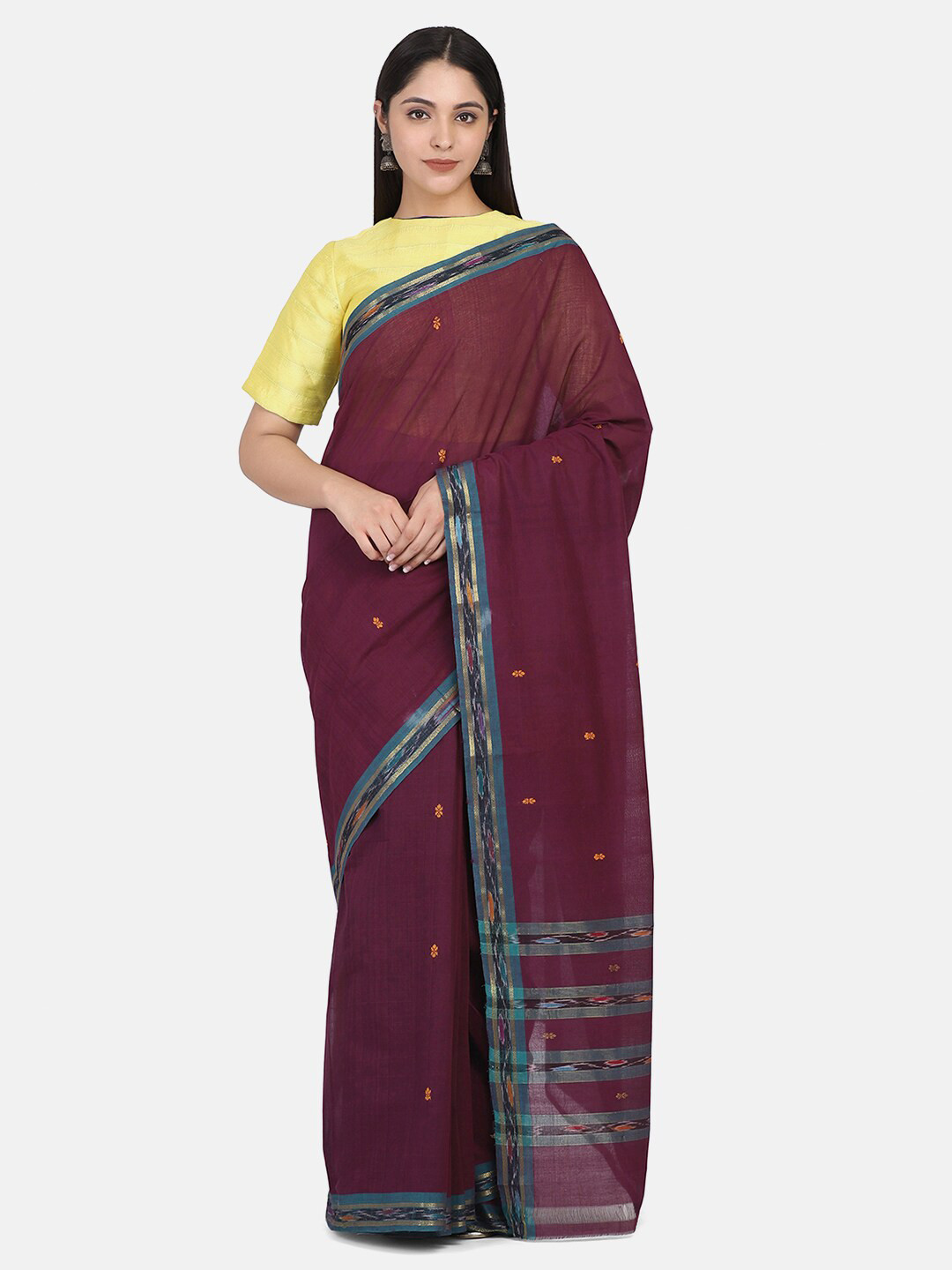 THE WEAVE TRAVELLER Burgundy & Teal Ethnic Motifs Zari Pure Cotton Mangalagiri Saree