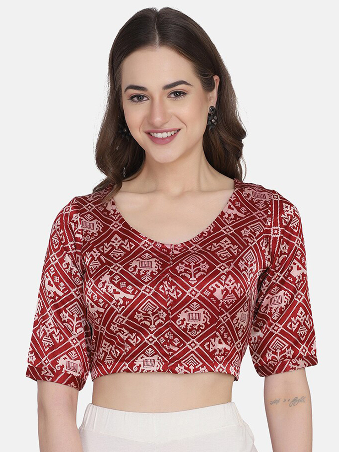 THE WEAVE TRAVELLER Women Maroon & White Printed Readymade Cotton Saree Blouse