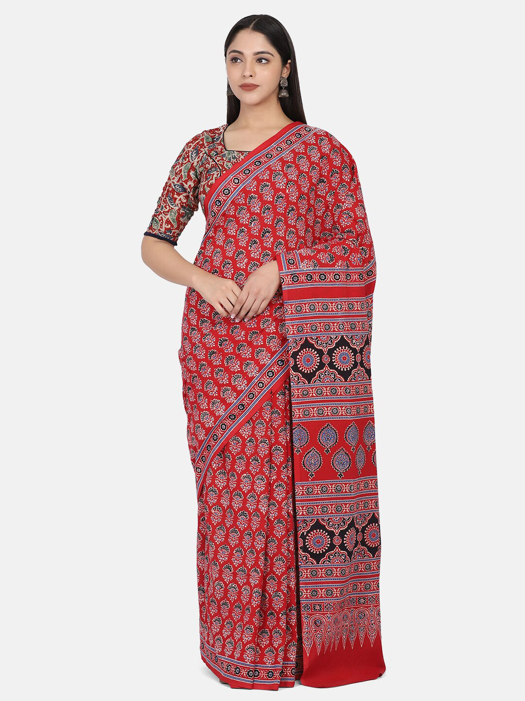 THE WEAVE TRAVELLER Red & Blue Pure Cotton Block Ajrakh Print Saree