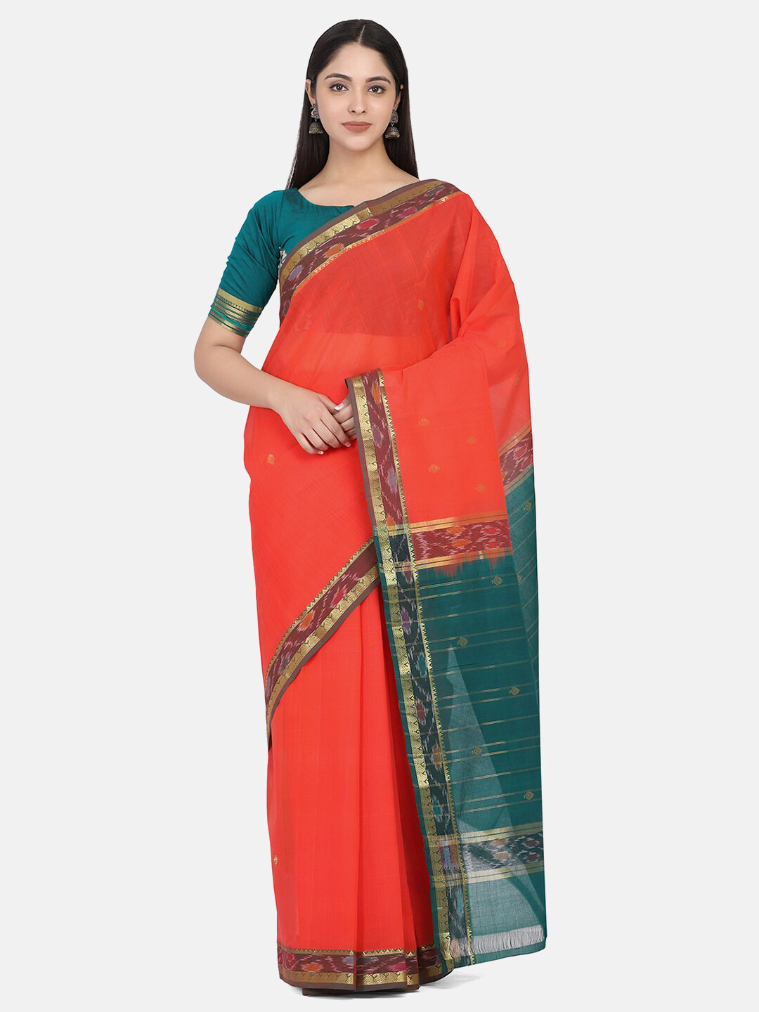 THE WEAVE TRAVELLER Orange & Green Zari Pure Cotton Mangalagiri Saree Without Blouse