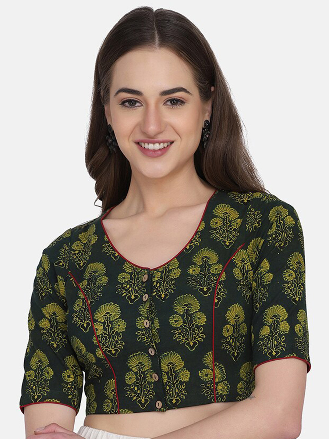 THE WEAVE TRAVELLER Women Green & Black Floral Printed Readymade Cotton Saree Blouse