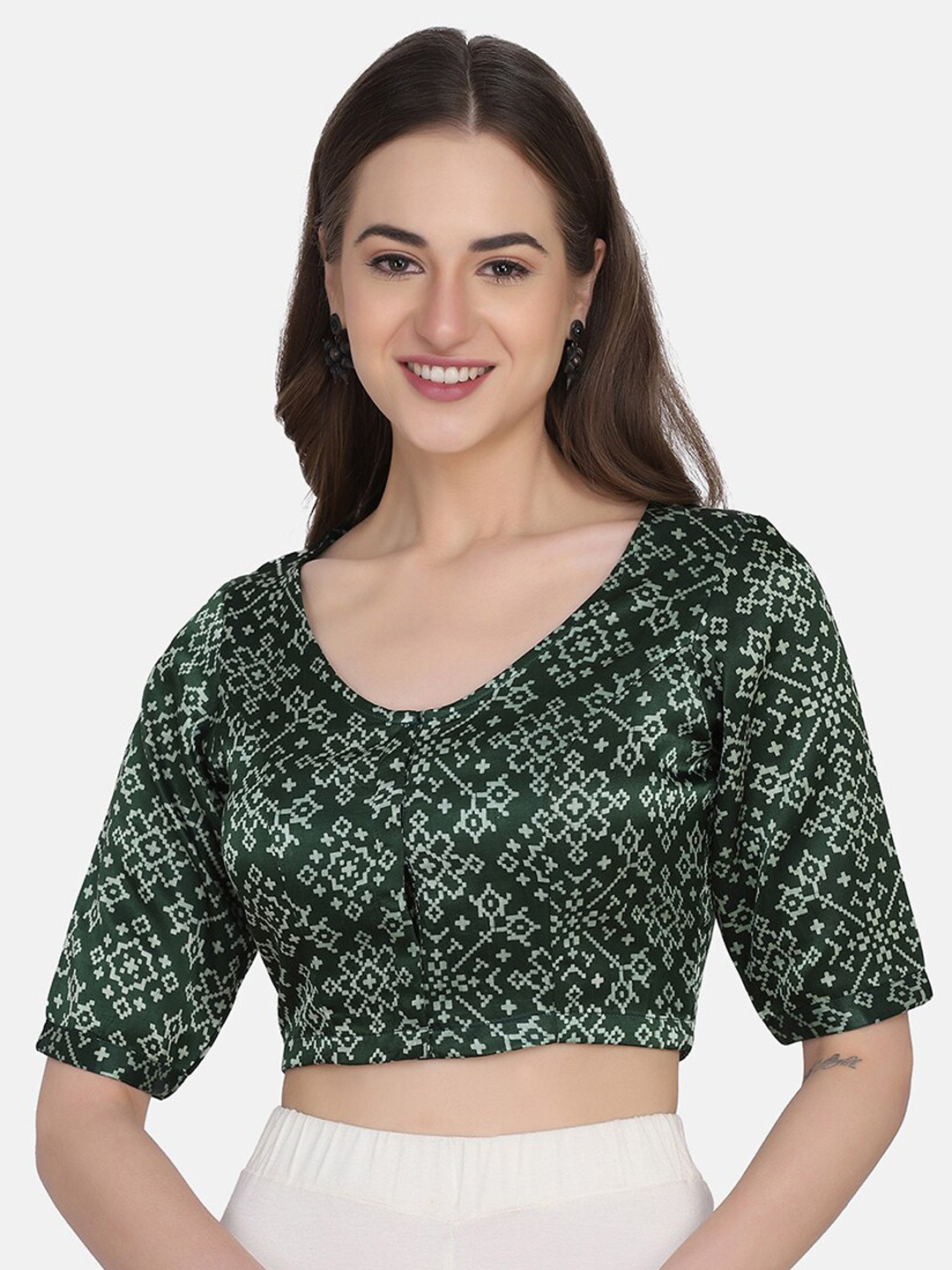 THE WEAVE TRAVELLER Green & Off-White Ethnic Motifs Printed Saree Blouse