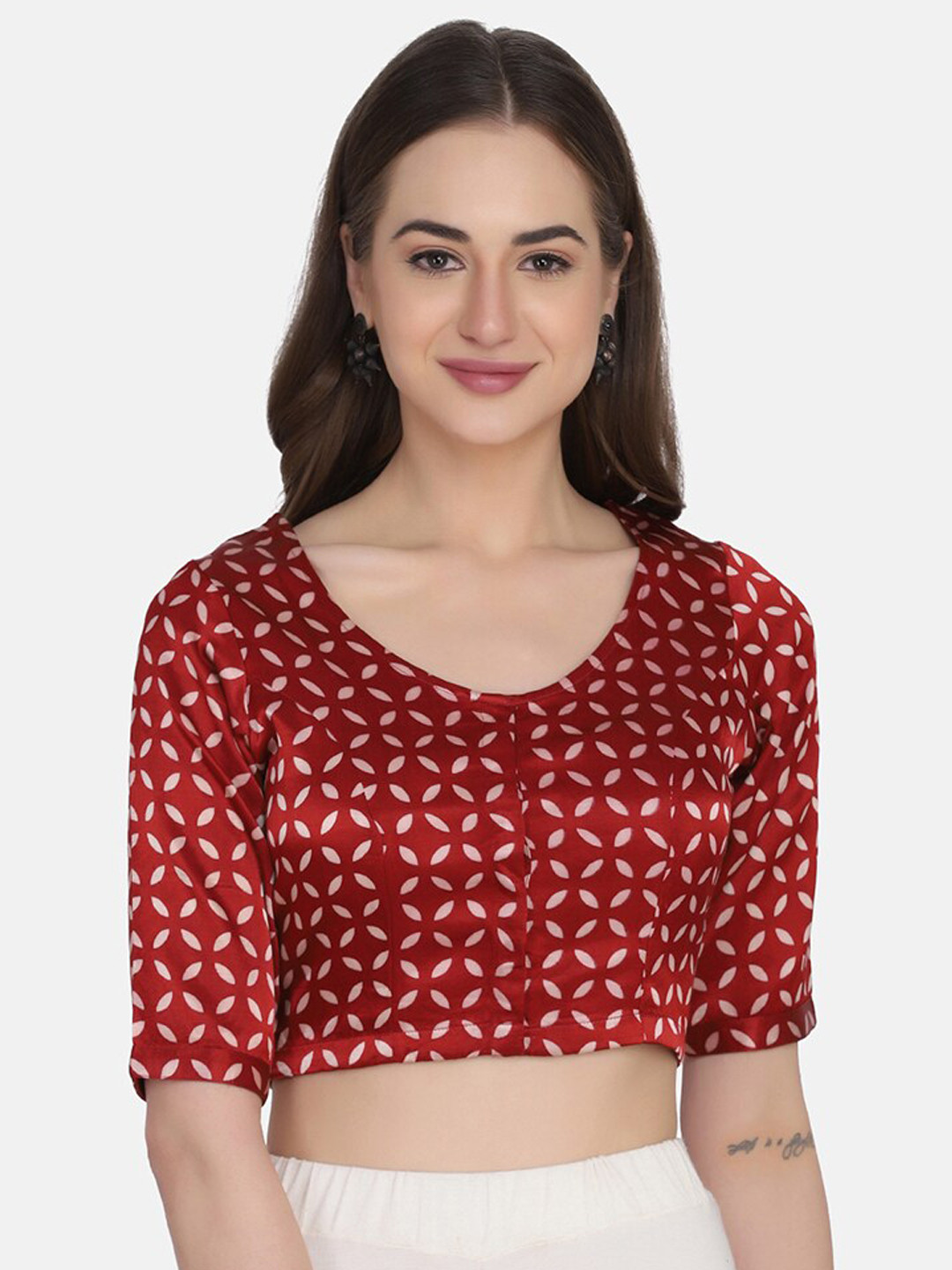 THE WEAVE TRAVELLER Maroon & White Printed Ready-Made Non Paded Blouse