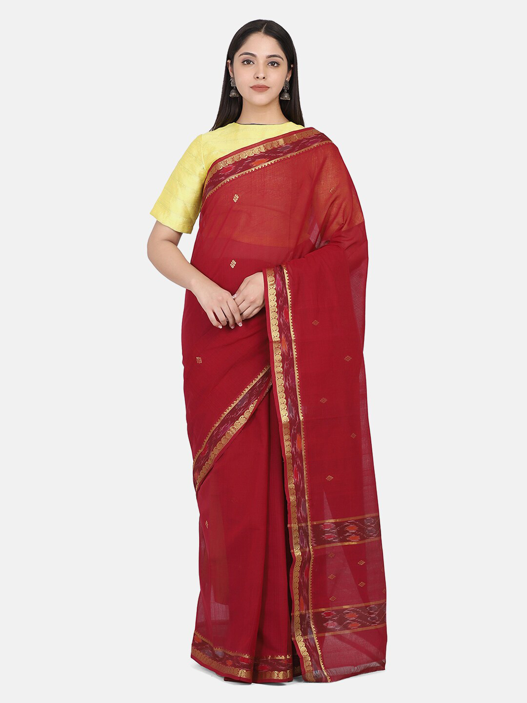 THE WEAVE TRAVELLER Red & Golden Ethnic Motifs Zari Pure Cotton Mangalagiri Saree