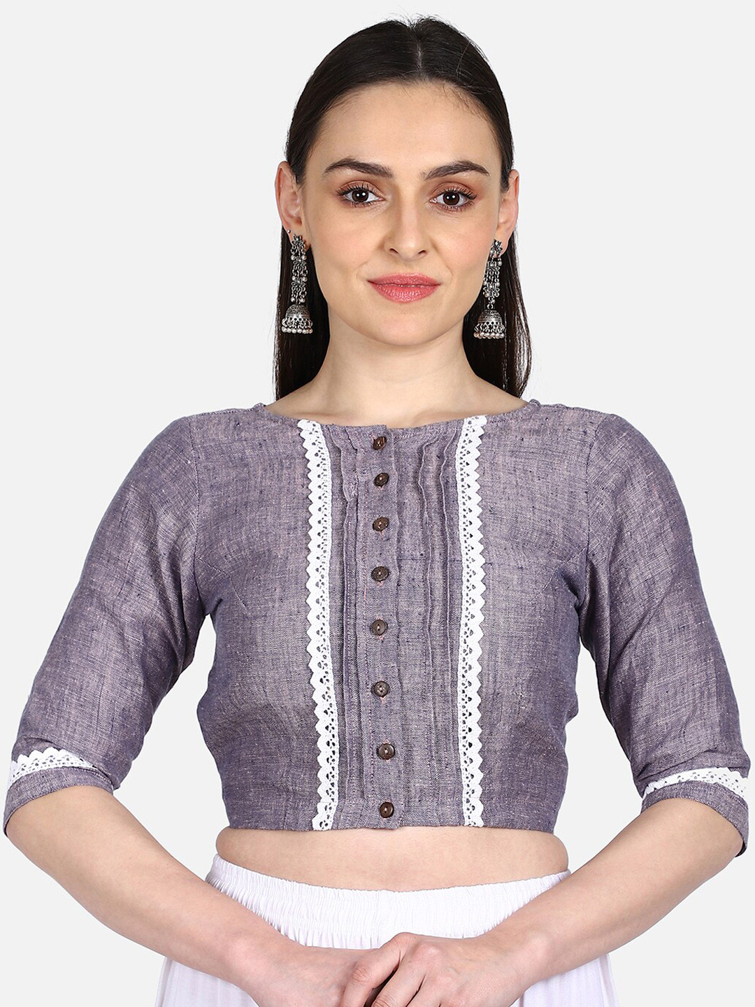 THE WEAVE TRAVELLER Women Mauve & White Solid Lace Inserted Cotton Saree Blouse
