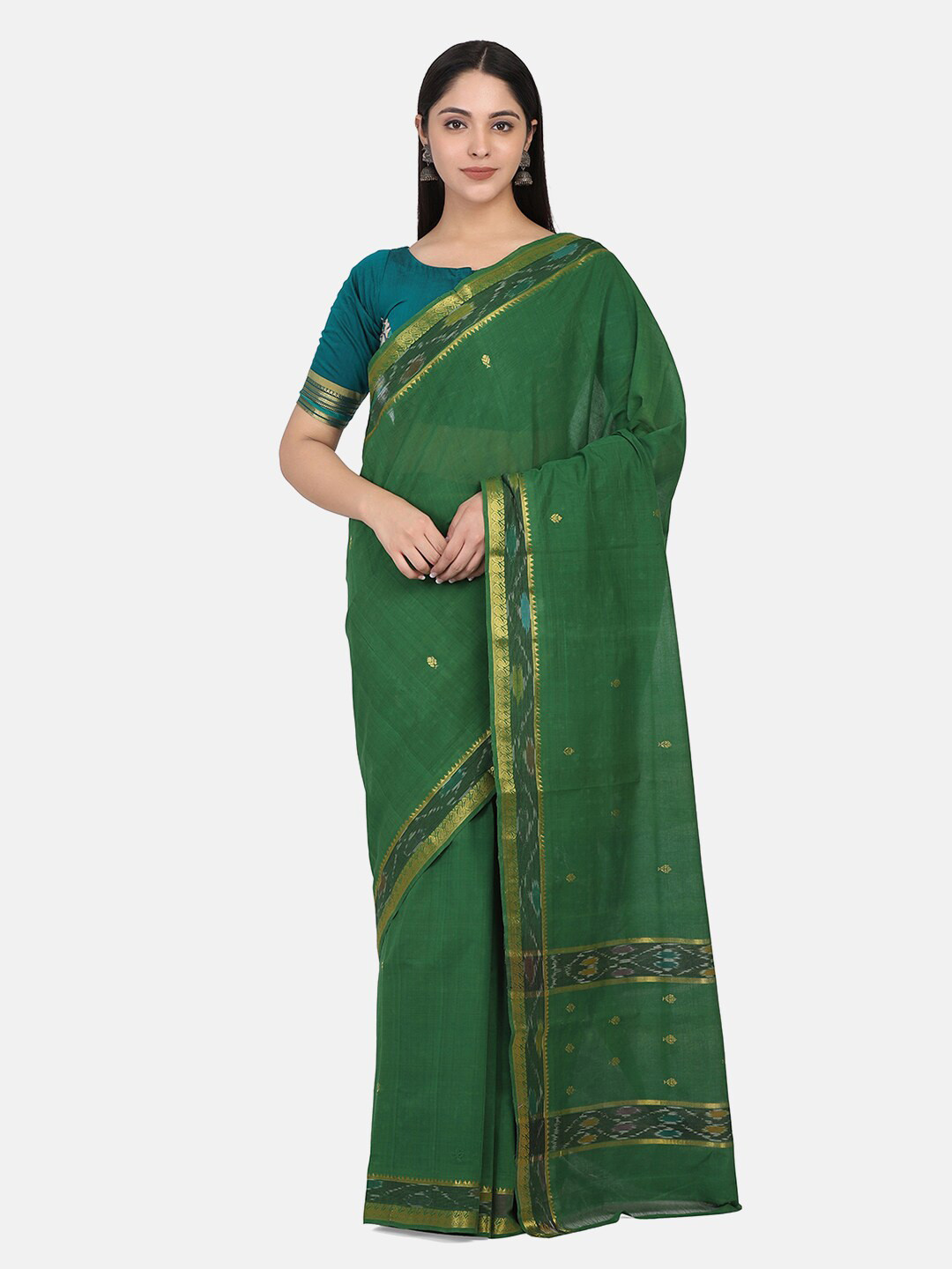 THE WEAVE TRAVELLER Green & Gold-Toned Pure Cotton Mangalagiri Saree