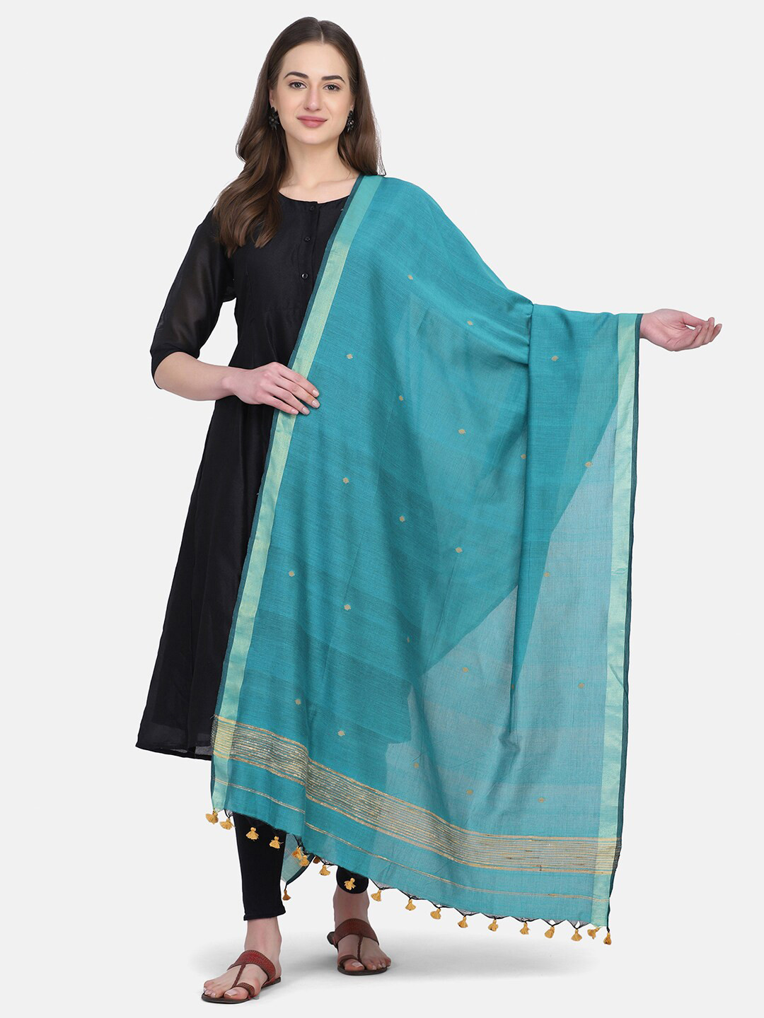 THE WEAVE TRAVELLER Teal & Tan Ethnic Motifs Woven Design Pure Cotton Dupatta with Zari