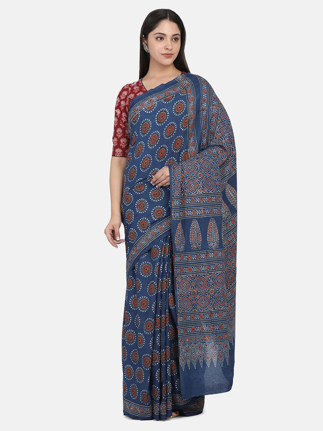 THE WEAVE TRAVELLER Blue & Red Pure Cotton Block Print Saree