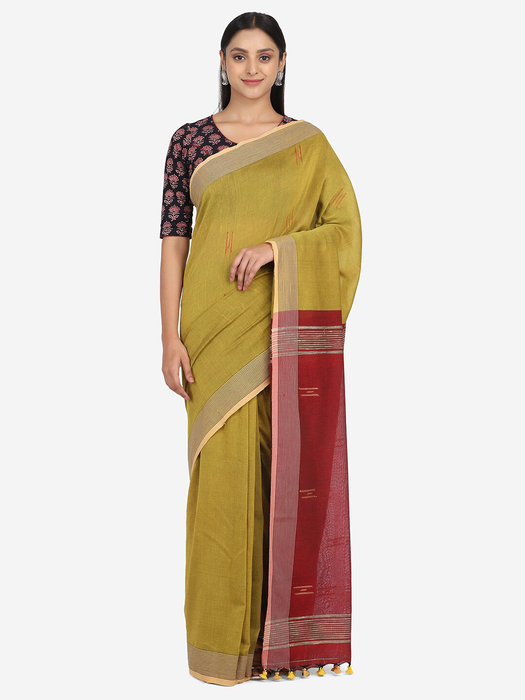 THE WEAVE TRAVELLER Khaki & Maroon Solid Zari Pure Cotton Saree