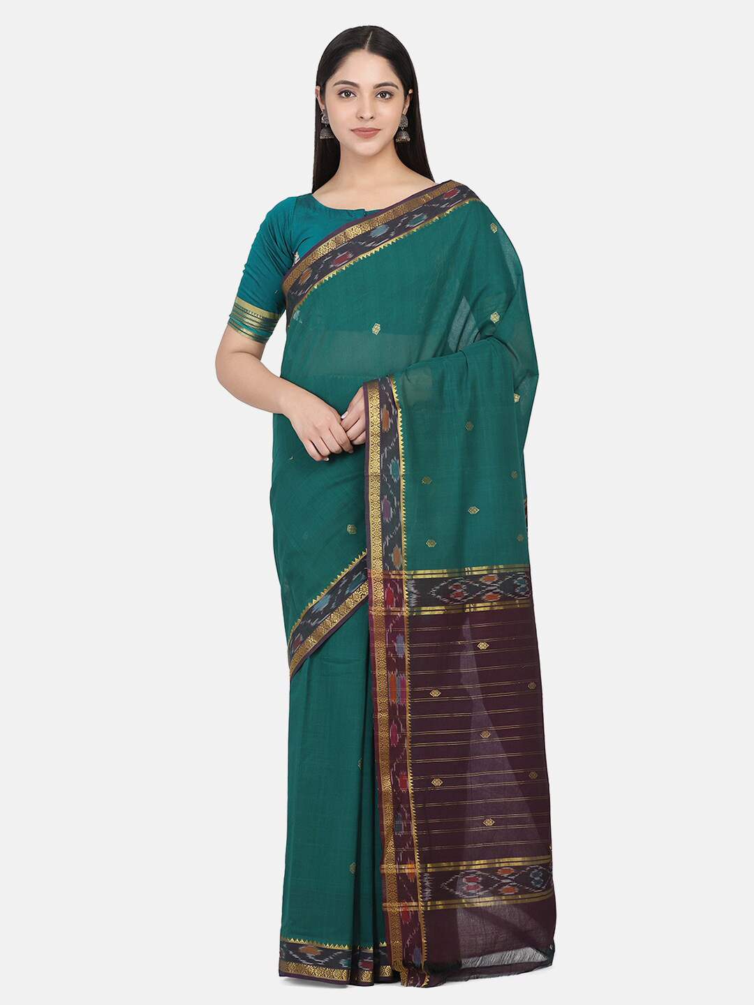THE WEAVE TRAVELLER Green & Gold-Toned Woven Design Pure Cotton Mangalagiri Saree