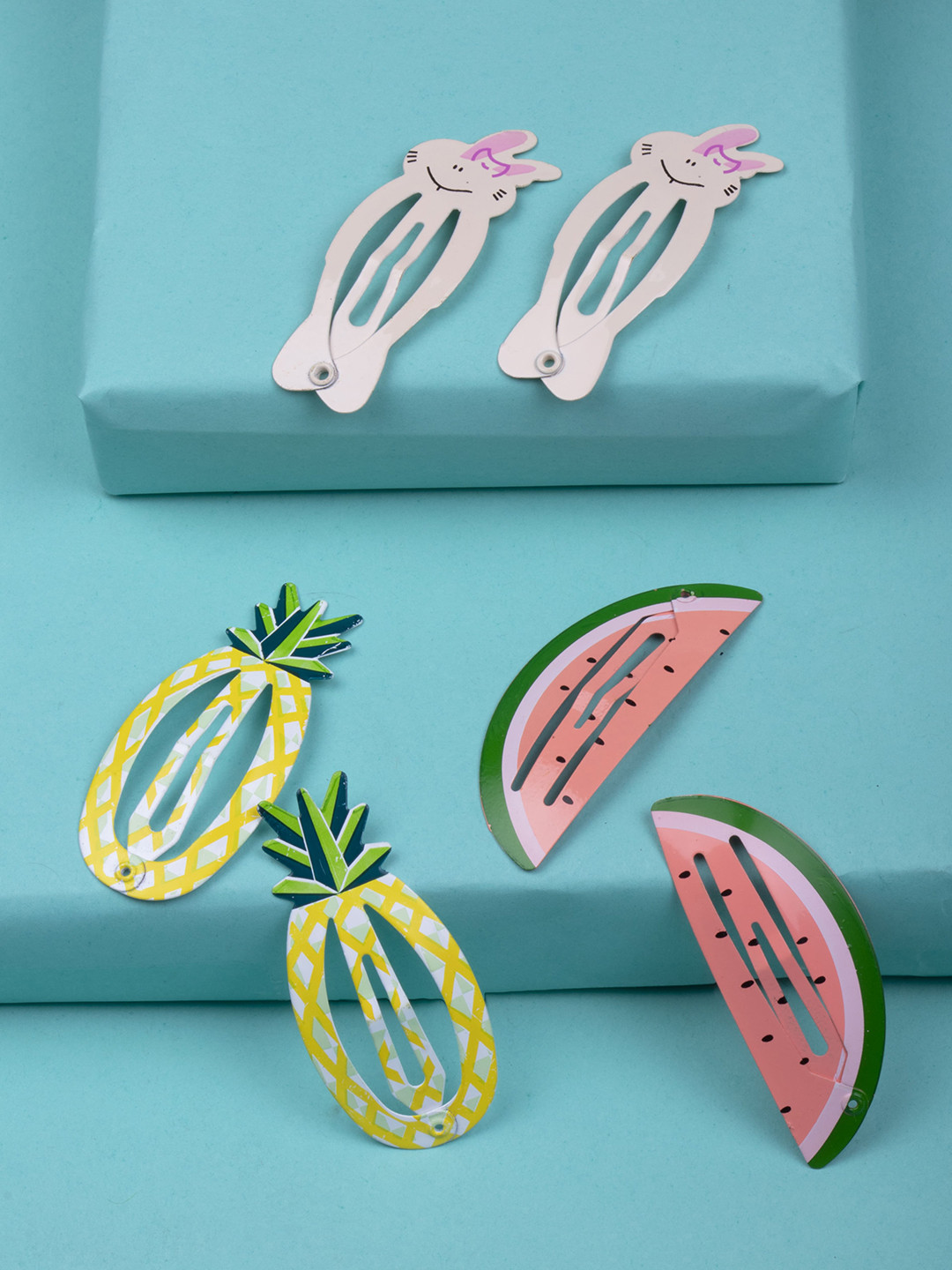 Arendelle Girls Red & Yellow Set of 3 Kitty, Pineapple & Watermelon Tic Tac Hair Clip