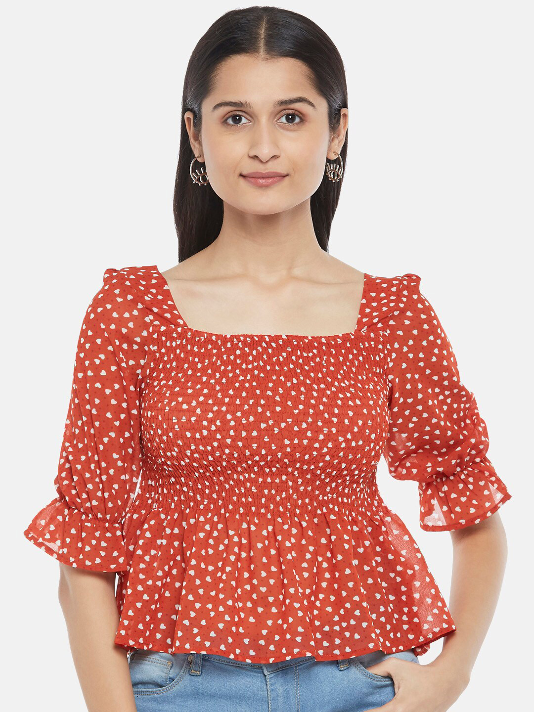 People Red Floral Print Smocked Peplum Top