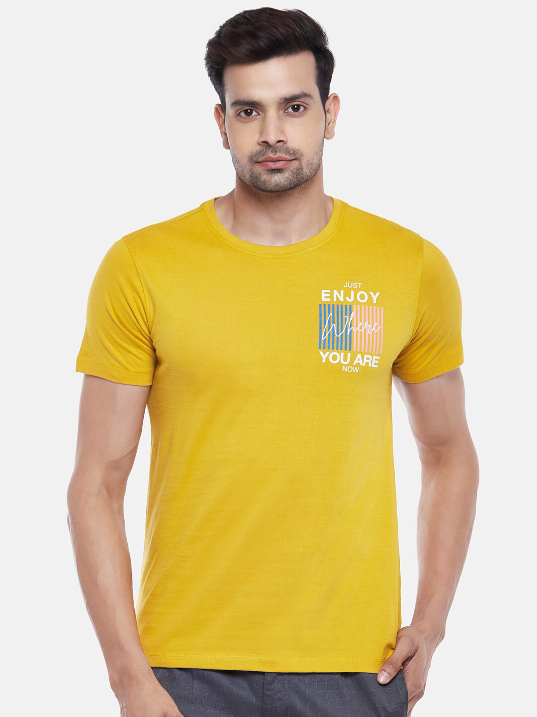 Urban Ranger by pantaloons Men Mustard Yellow & White Printed Slim Fit Round Neck T-shirt