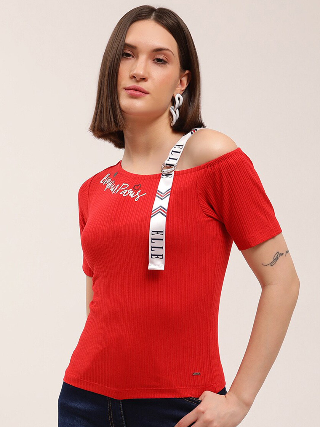 ELLE Red & White One Shoulder Brand Logo Pure Cotton Top