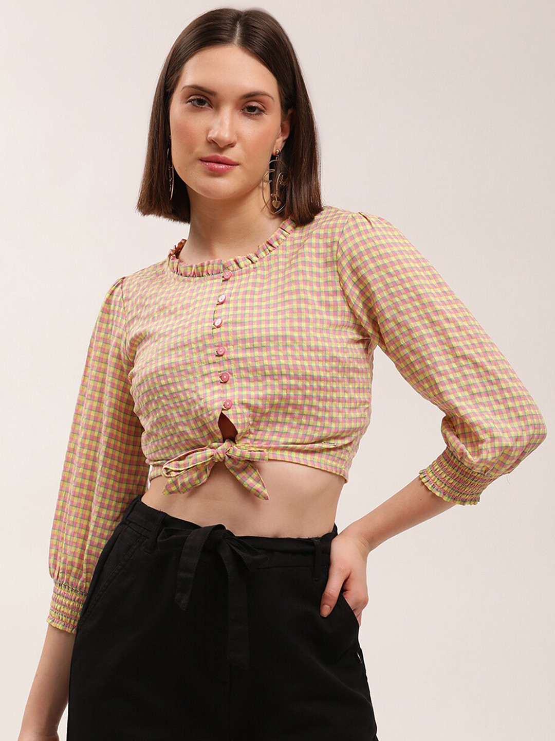 ELLE Pink & Yellow Checked Crop Top
