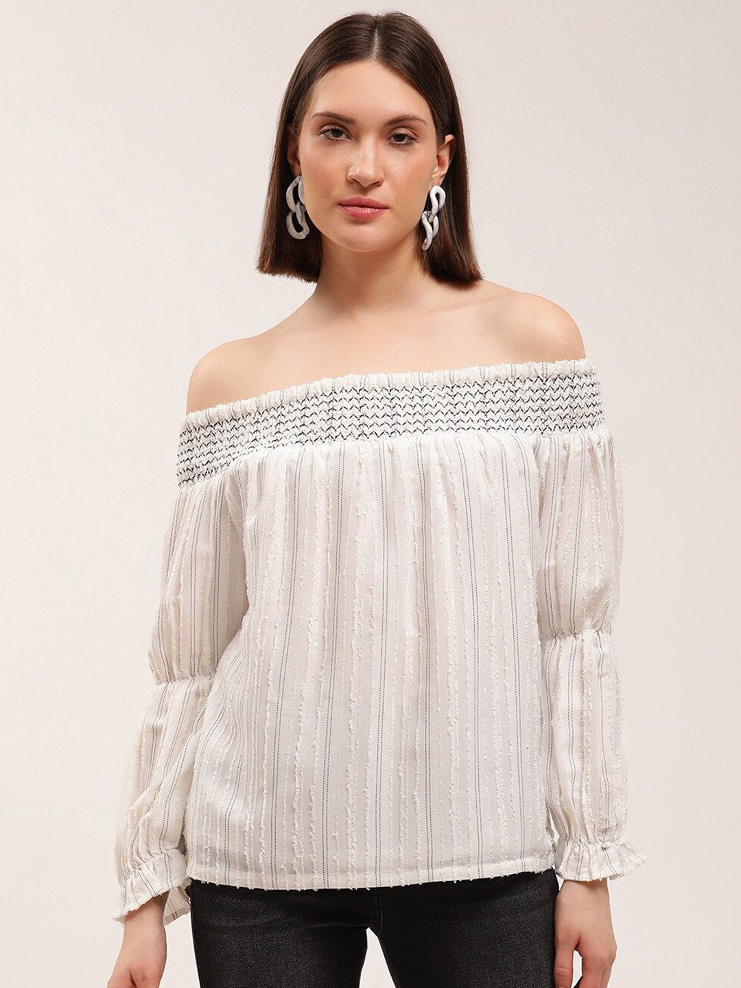 ELLE White Striped Off-Shoulder Bardot Top