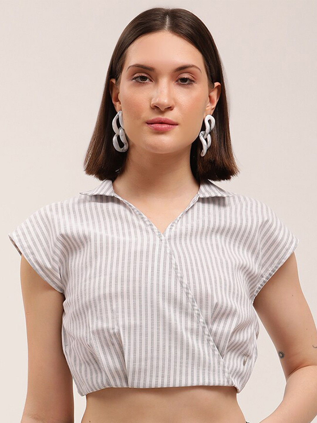 ELLE Grey & White Striped Extended Sleeves Wrap Crop Top