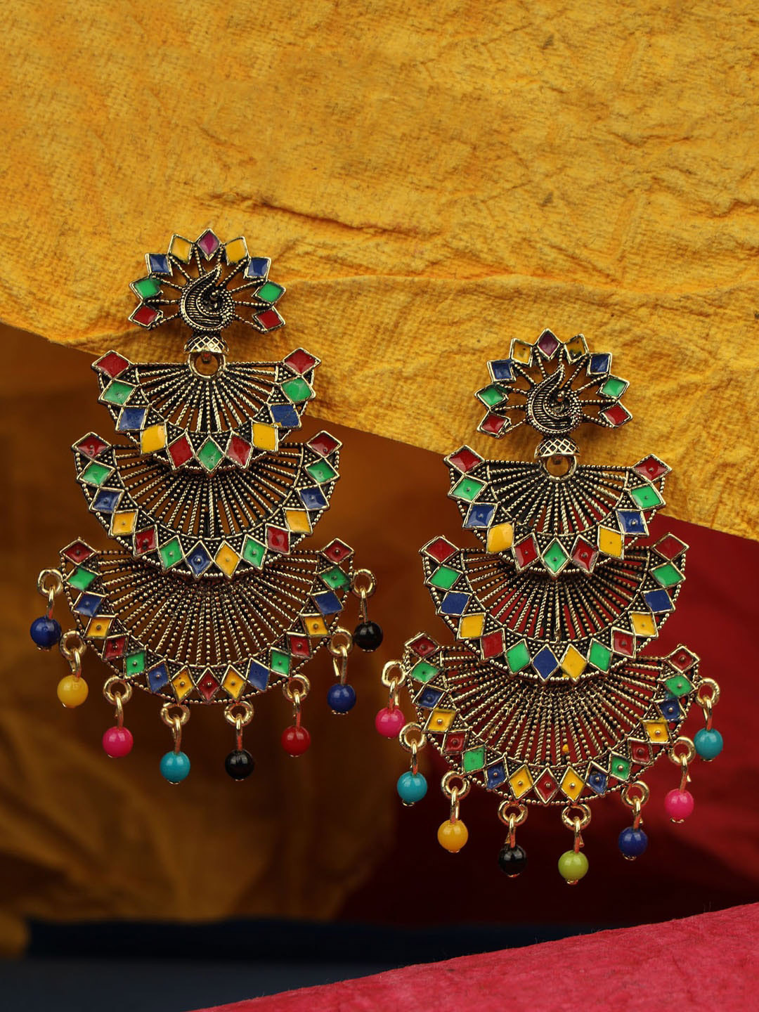 ANIKAS CREATION Gold-Plated Yellow & Red Crescent Shaped Drop Earrings