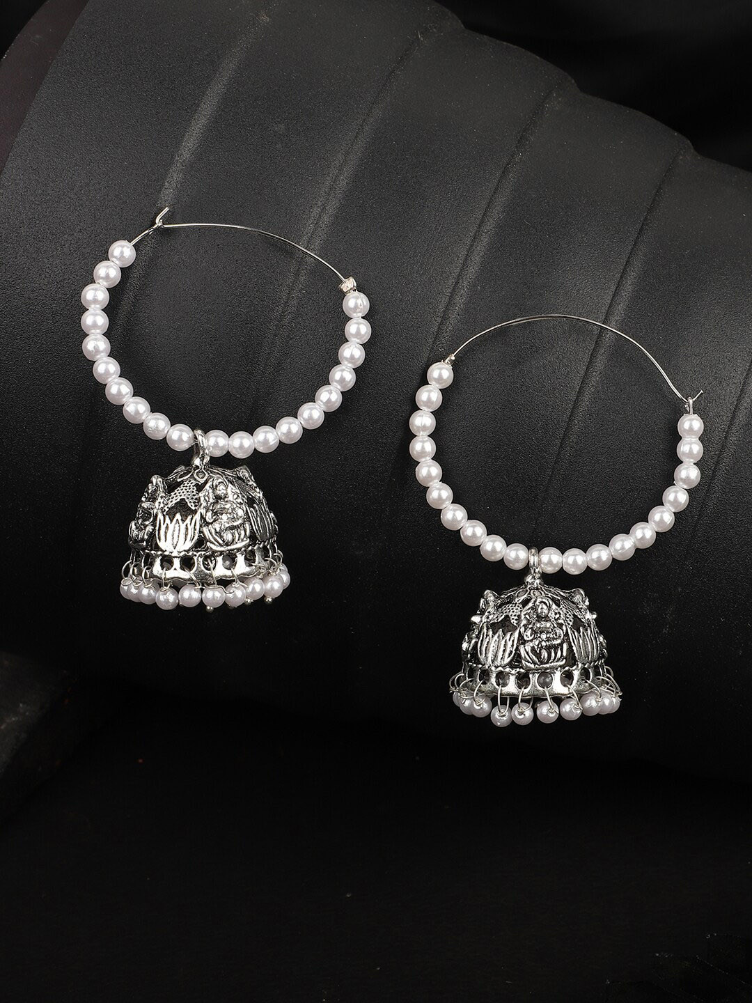 ANIKAS CREATION Silver-Plated & White Dome Shaped Hoop Earrings