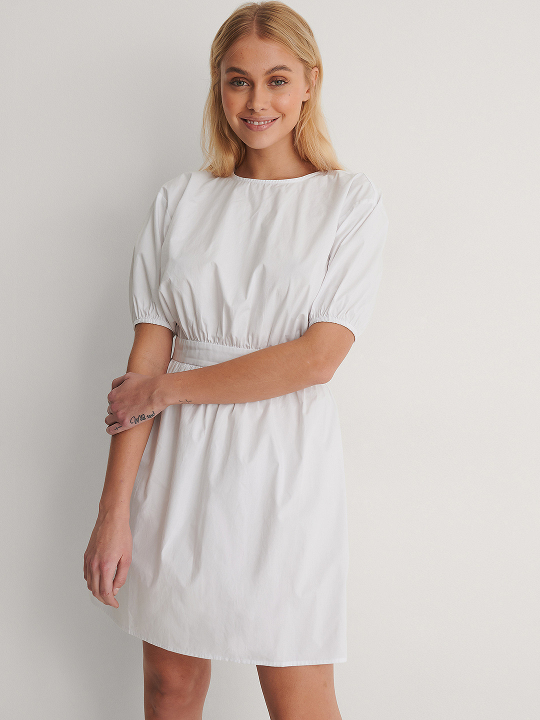 NA-KD Women White Solid Pure Cotton A-Line Dress with Cut-Out Detail
