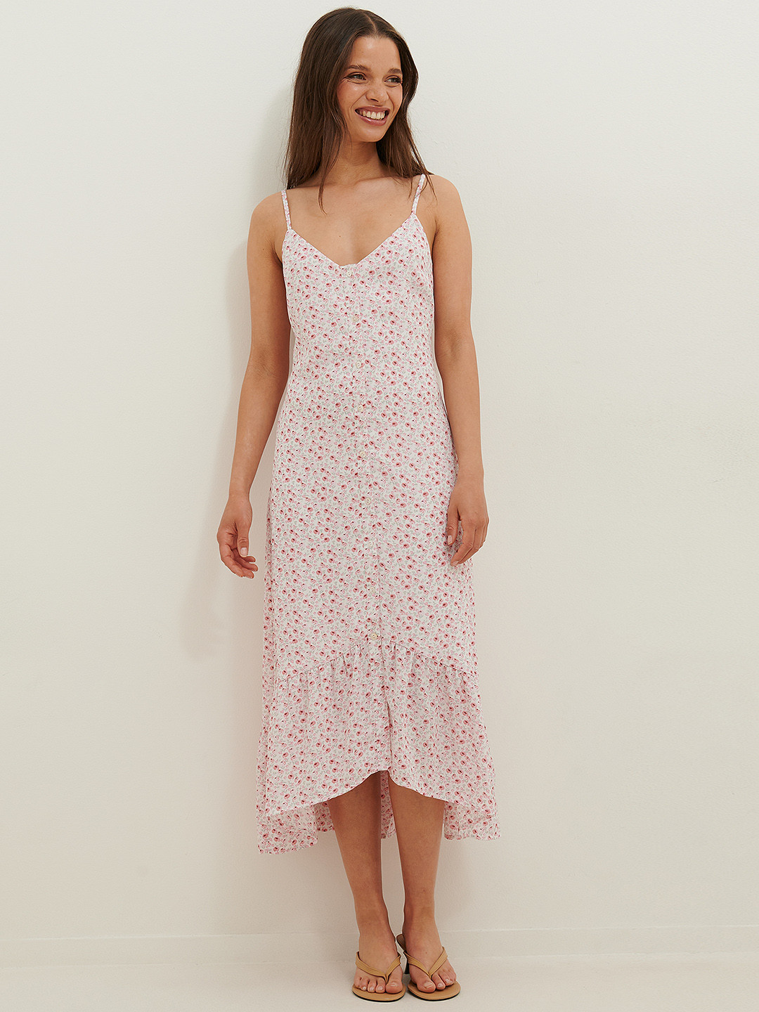 NA-KD X AnikaTeller Women White & Pink Floral A-Line Midi Dress