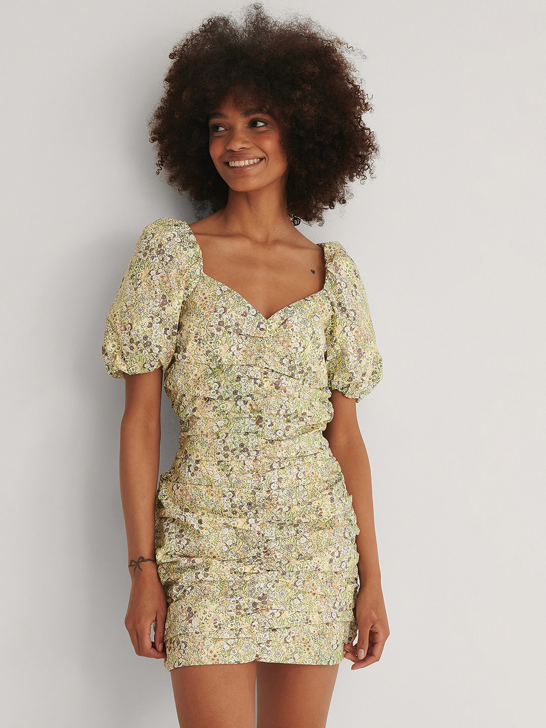 NA-KD Yellow & White Pure Cotton Floral Ruched Sheath Dress