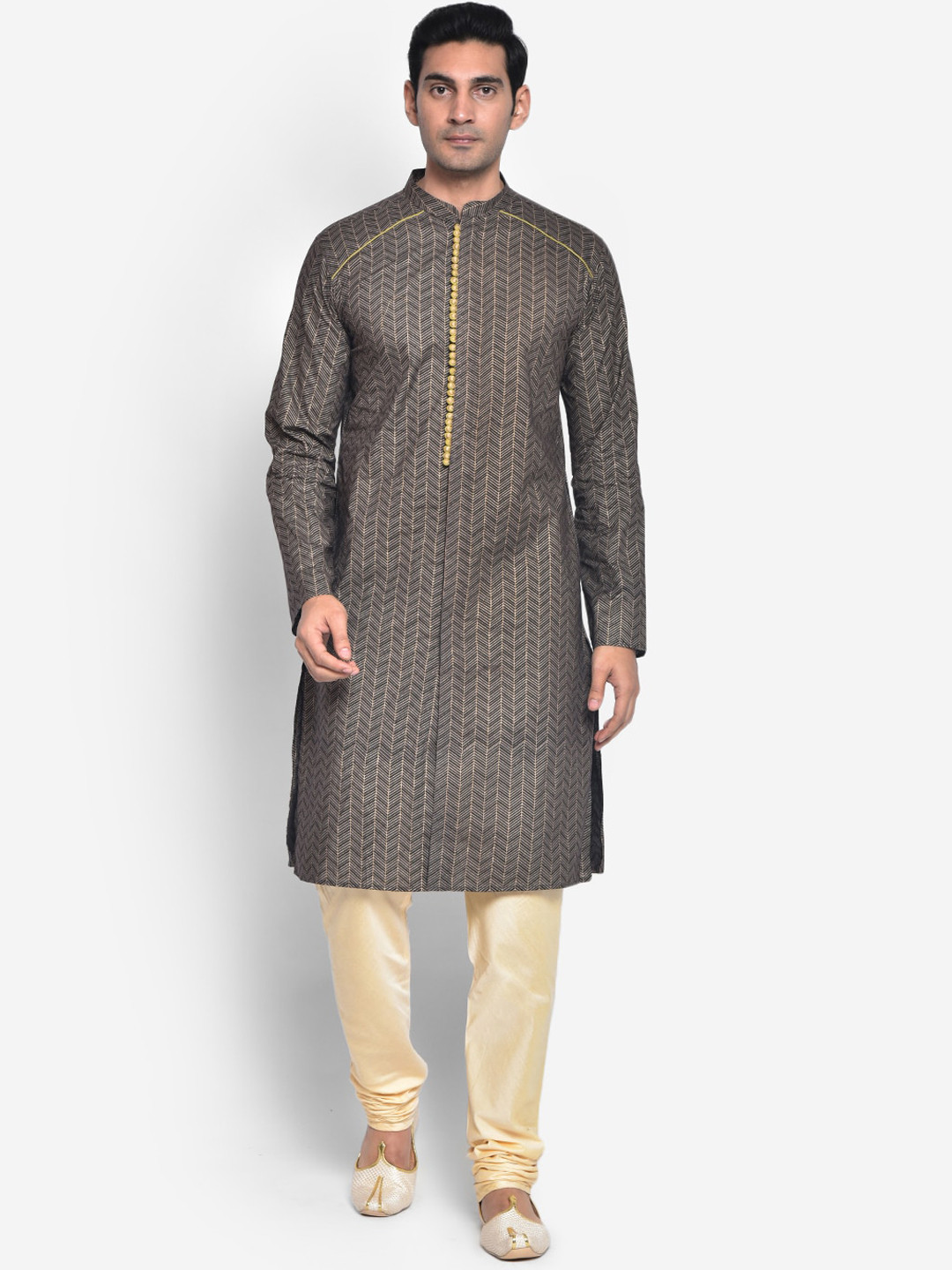 KISAH Men Black & Gold Printed Kurta with Churidar