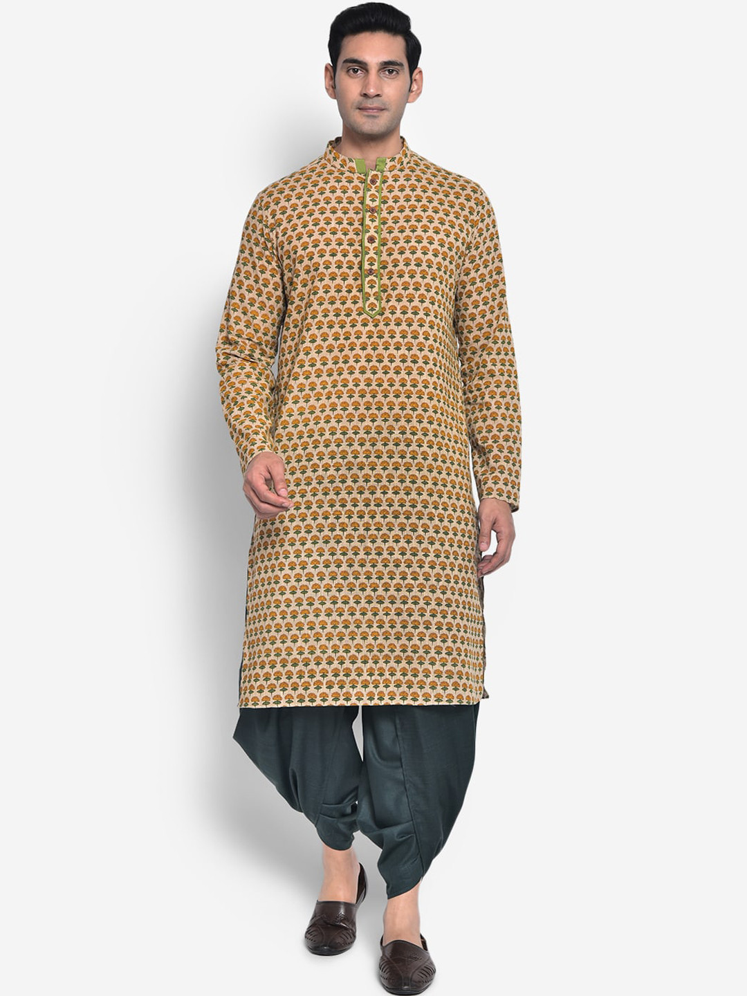 KISAH Men Beige Floral Printed Kurta with Dhoti Pants